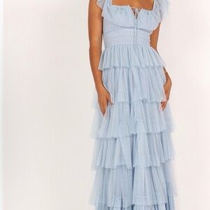 Petal & Pup Blue Tiered Swiss Dot Maxi Dress Size L